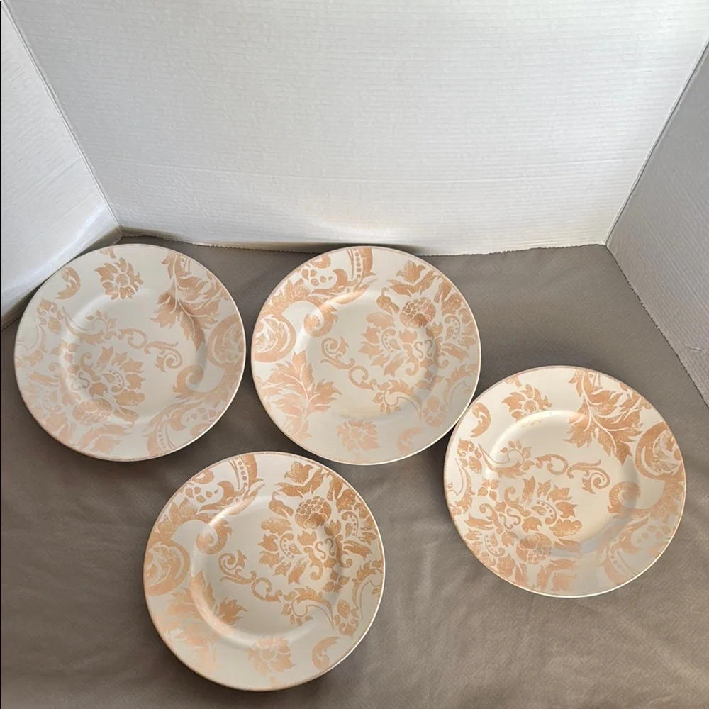 Set of 4 Pier 1 Jaclyn Collection Plates Pasta Bowls Blush Luster Damask Pattern